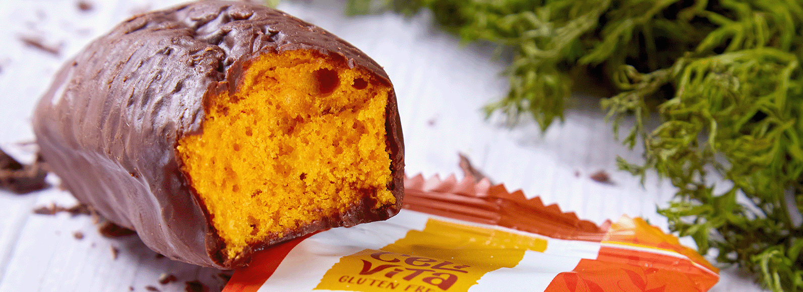 Foto de um bolinho coberto com chocolate, sem glúten e lactose da Celivita