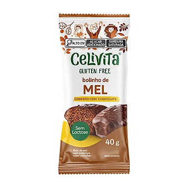 Delicioso bolinho de mel coberto com chocolate sem glúten de 40g. Produto sem glúten, sem lactose, sem proteína do leite e sem soja. Um lanche prático, seguro e saboroso.